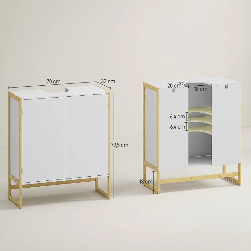 HOMCOM Meuble sous vasque 2 portes avec étagère réglable armoire de rangement pour lavabo 70L x 33l x 79,5H cm MDF et bambou