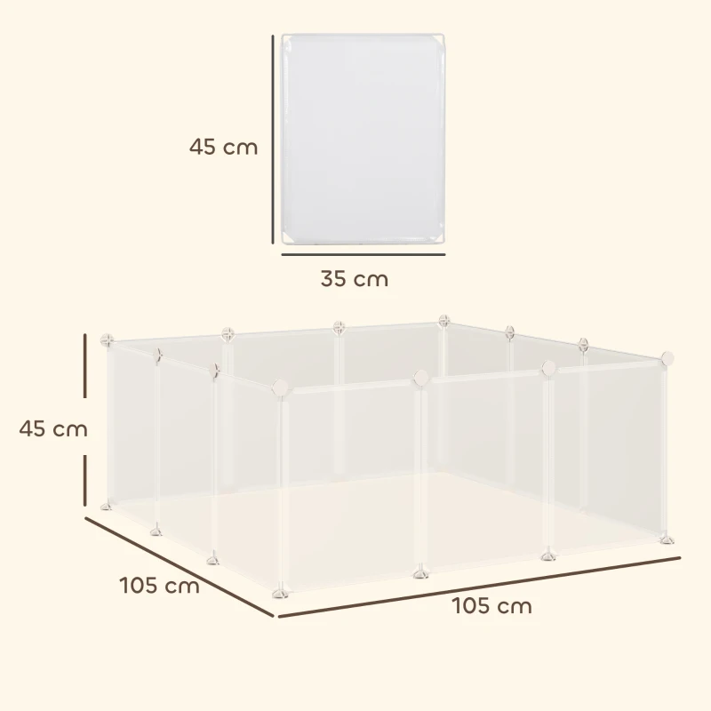 PawHut Valla para Mascotas, Jaula Modular, Recinto Interior de Plástico Transparente con 12 Paneles, 24 Conectores, para Conejos, Cobayas, Chinchillas, 105x105x45 cm, Blanco
