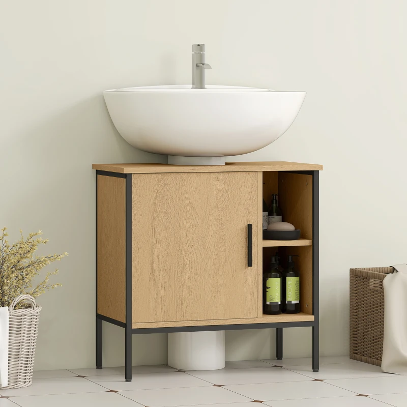 HOMCOM Mueble bajo Lavabo con Puerta y Estante Ajustable para Lavabo con Pedestal 60x30x59,5 cm Roble