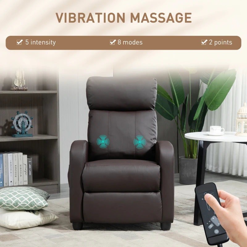 HOMCOM Recliner Armchair, Massage Faux Leather Push Back Reclining Chair with Adjustable Leg Rest, Side Pocket, for Home Living Room Theatre, Brown(m-4)