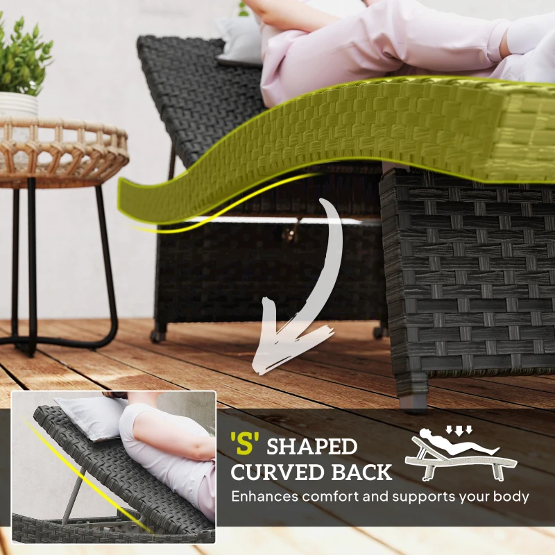 Outsunny Outdoor PE Rattan Sun Lounger, Folding Wicker Garden Lounger Recliner with 4-Level Adjustable Backrest, Rolling Sunbed Lounge Chair with Wheels, Non-Slip Legs for Balcony, Beach, Black