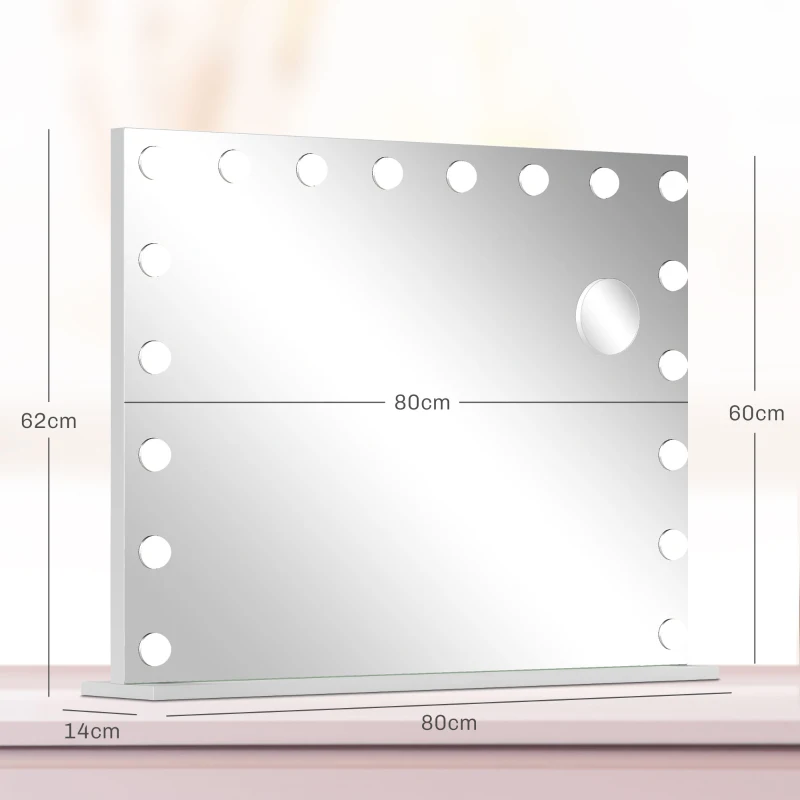 HOMCOM Hollywood Vanity Mirror with Lights, Large 80x62 cm Lighted Makeup Mirror with 3 Colour, 18 LED Bulbs, 10X Magnifying, USB Charging Port, Touch Screen, Tabletop or Wall Mounted Design, White