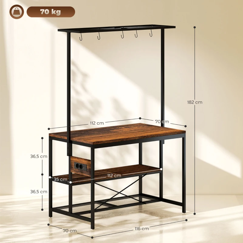 HOMCOM Estante de Cozinha com Tomada de Corrente Estilo Industrial com Prateleiras Ganchos Móvel Auxiliar 116x70x182 cm Marrom Rústico