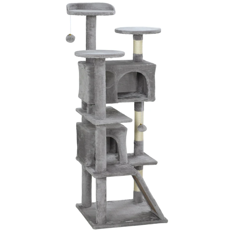 PawHut 138cm Cat Tree, Multi-Level Cat Tower with Scratching Posts and Pad, Bed, Condos, Platforms, Toy Balls, Light Grey