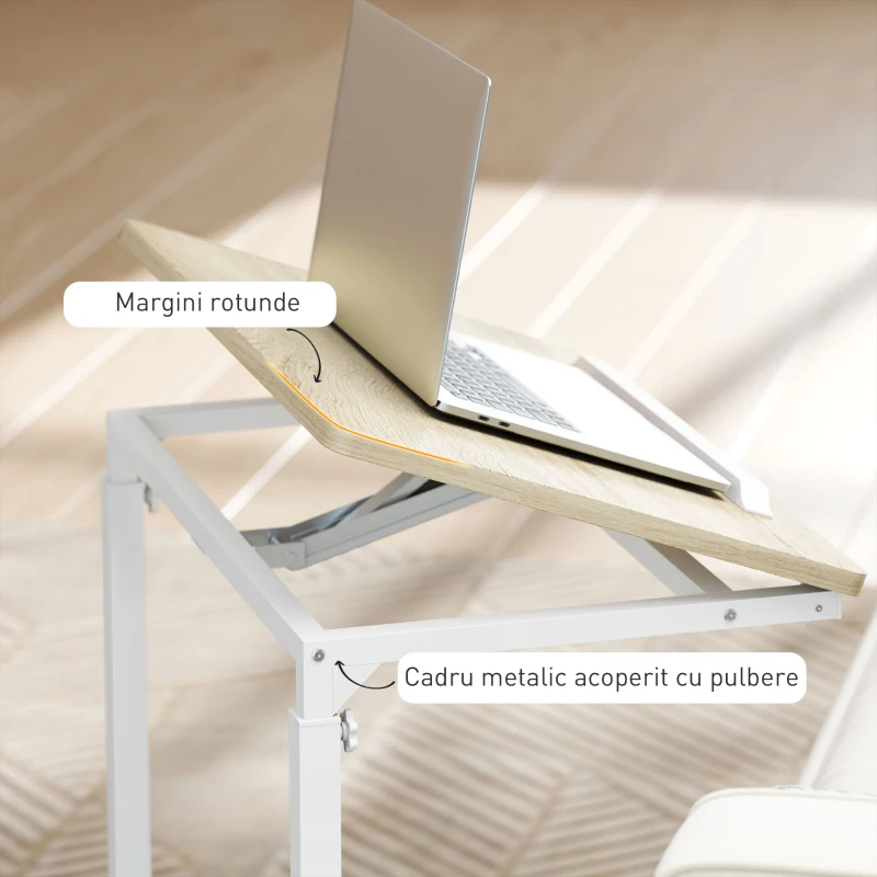 HOMCOM Măsuță de Lucru Reglabilă pe Înălțime cu Blat Înclinabil și 4 Roți