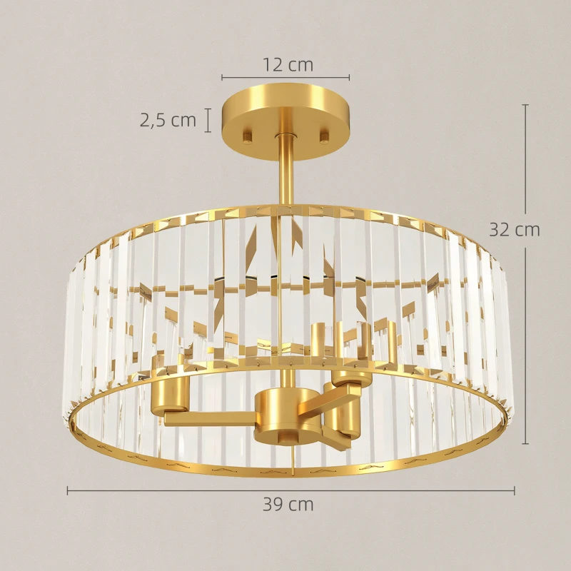 HOMCOM Plafondlamp, Kronleuchter-Design, Kristallen kap, 3 lampen, Metaal, Goudkleurig(m-3)