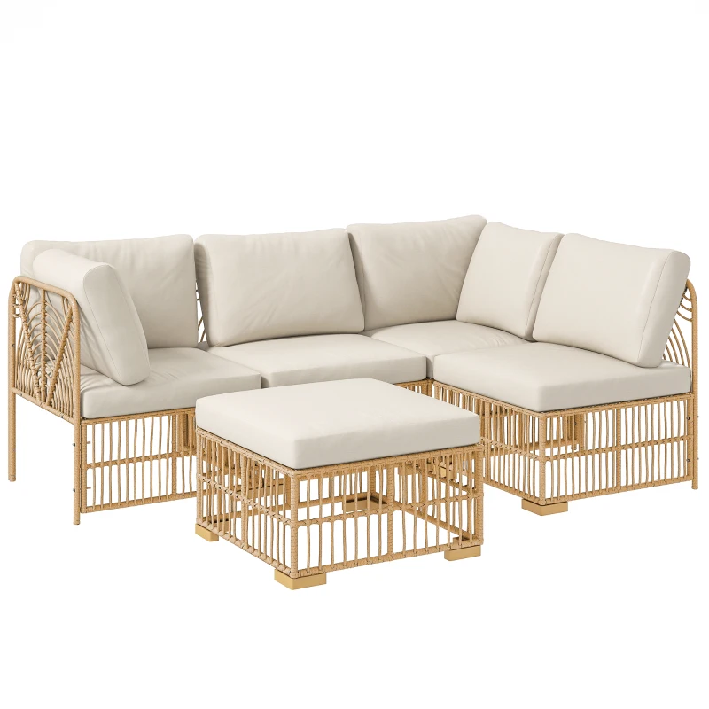 Outsunny 5-teiliges Gartenmöbelset, 2 Eckstühle, 2 Mittelstühle, Fußhocker, Sitzkissen, Rückenkissen, Hellbraun+Cremeweiß