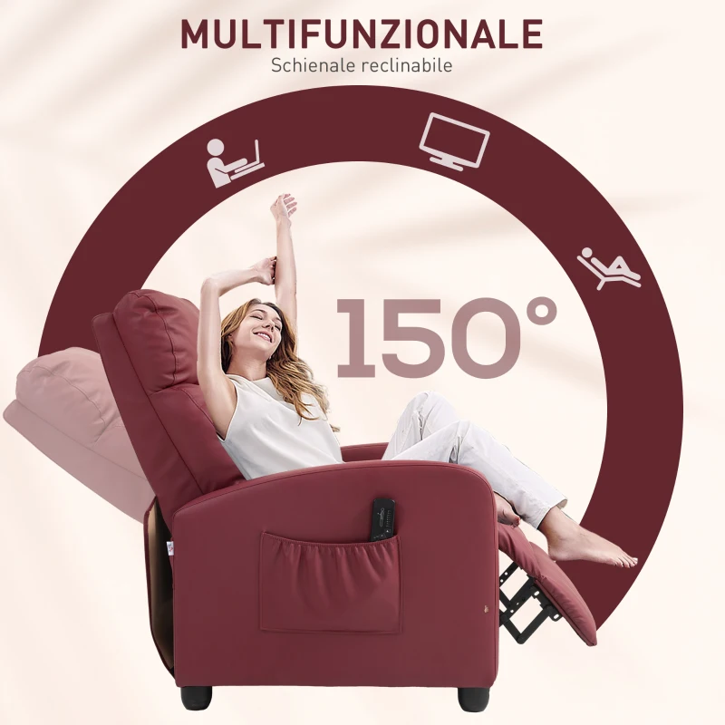 HOMCOM Poltrona Relax Massaggiante con Telecomando e 8 Programmi, Reclinazione e Poggiapiedi, Rosso