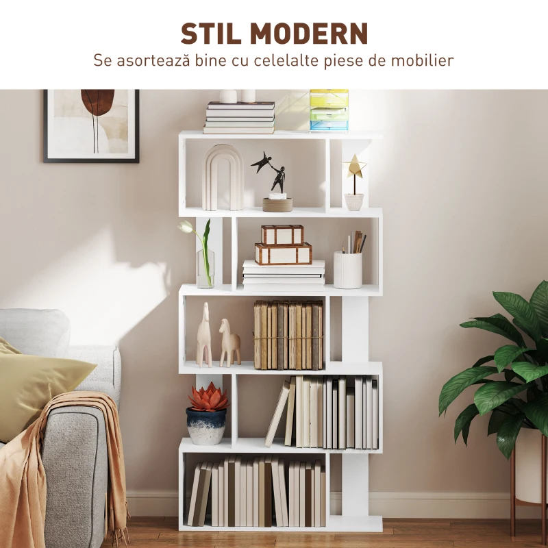 HOMCOM Bibliotecă Asimetrică în Formă de S cu 5 Niveluri și 10 Rafturi Deschise, 80x24x159 cm, Alb