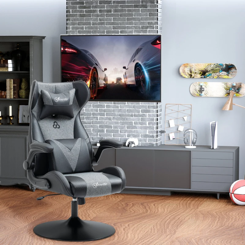 Vinsetto Chaise de gaming ergonomique avec base ronde hauteur réglable accoudoir relevable coussins tétière et lombaires PU gris noir(m-9)