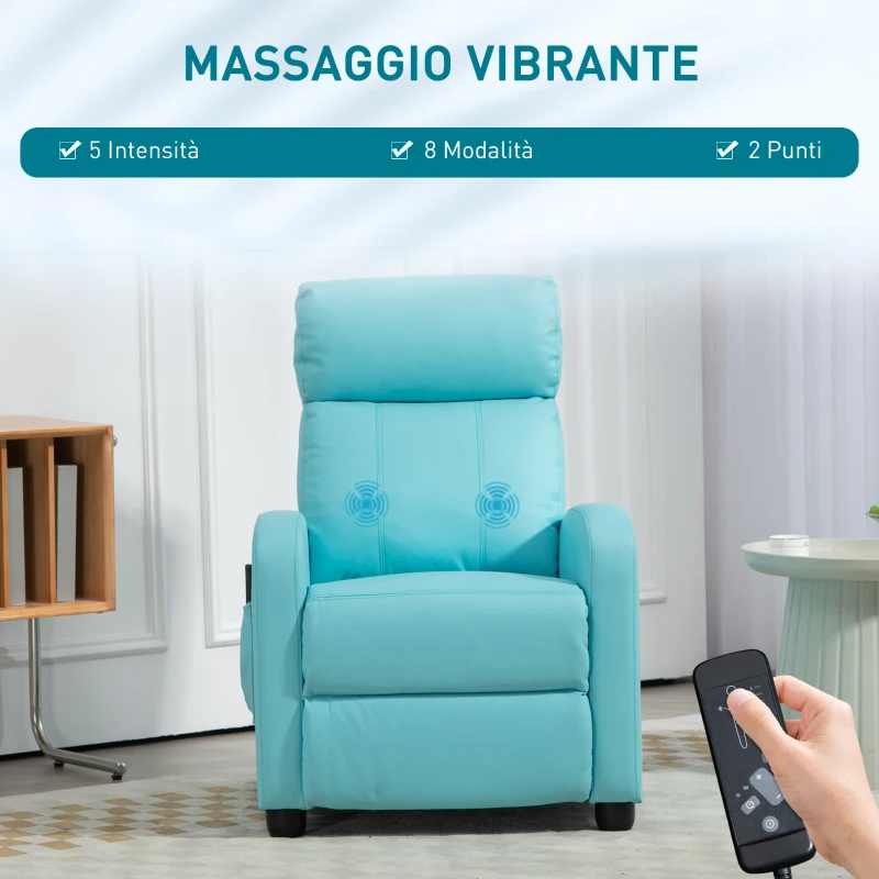 HOMCOM Poltrona Relax Massaggiante con Telecomando e 8 Programmi, Reclinazione e Poggiapiedi, Azzurro
