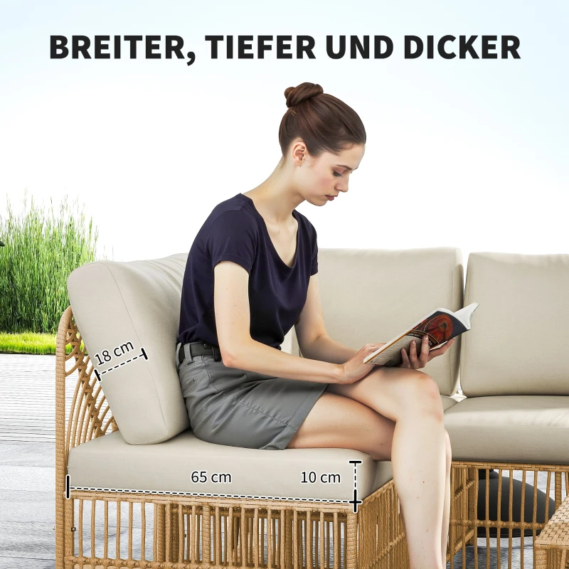 Outsunny 5-teiliges Gartenmöbelset, 2 Eckstühle, 2 Mittelstühle, Fußhocker, Sitzkissen, Rückenkissen, Hellbraun+Cremeweiß