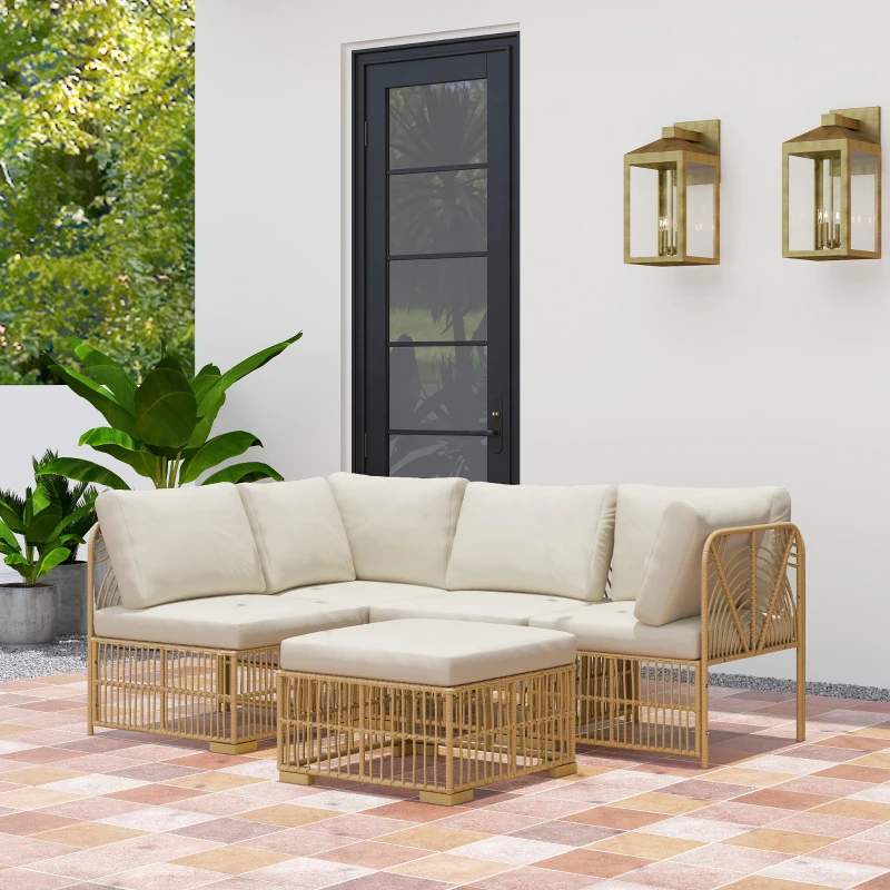 Outsunny 5-teiliges Gartenmöbelset, 2 Eckstühle, 2 Mittelstühle, Fußhocker, Sitzkissen, Rückenkissen, Hellbraun+Cremeweiß