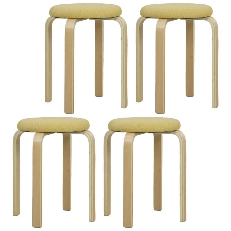 HOMCOM Juego de 4 Taburetes Redondos de Madera Apilables con Asiento Acolchado para Cocina Comedor Dormitorio Amarillo