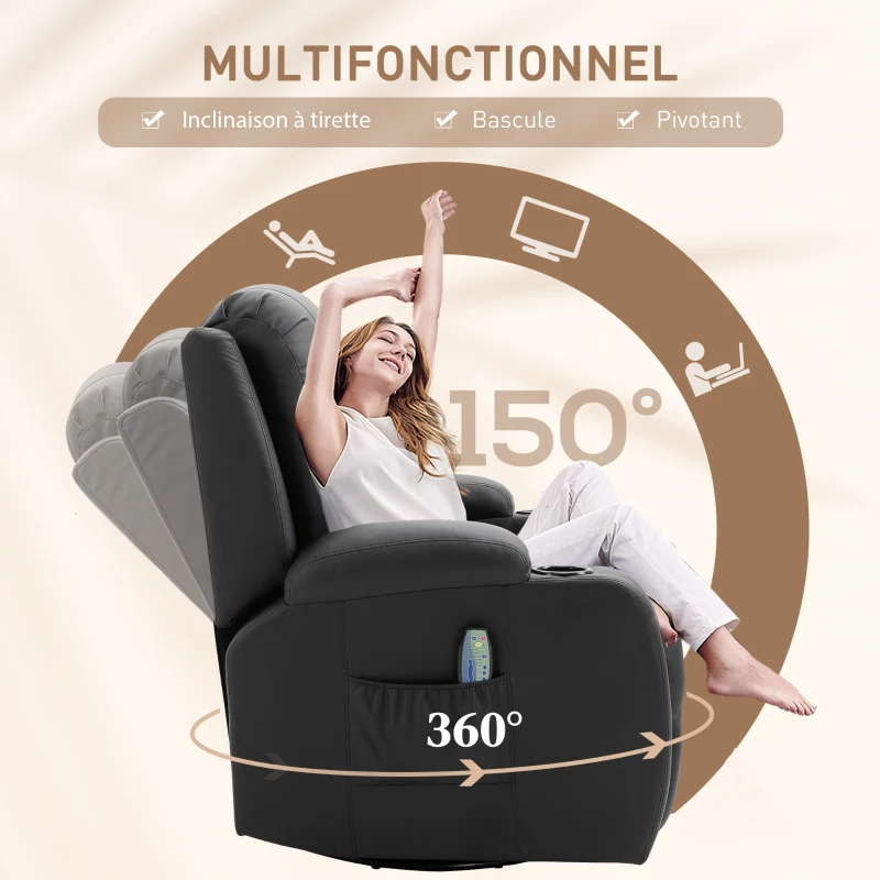 HOMCOM Fauteuil de Massage et Relaxation électrique Chauffant 360° pivotant inclinable manuellement Repose-Pied télécommande(m-5)