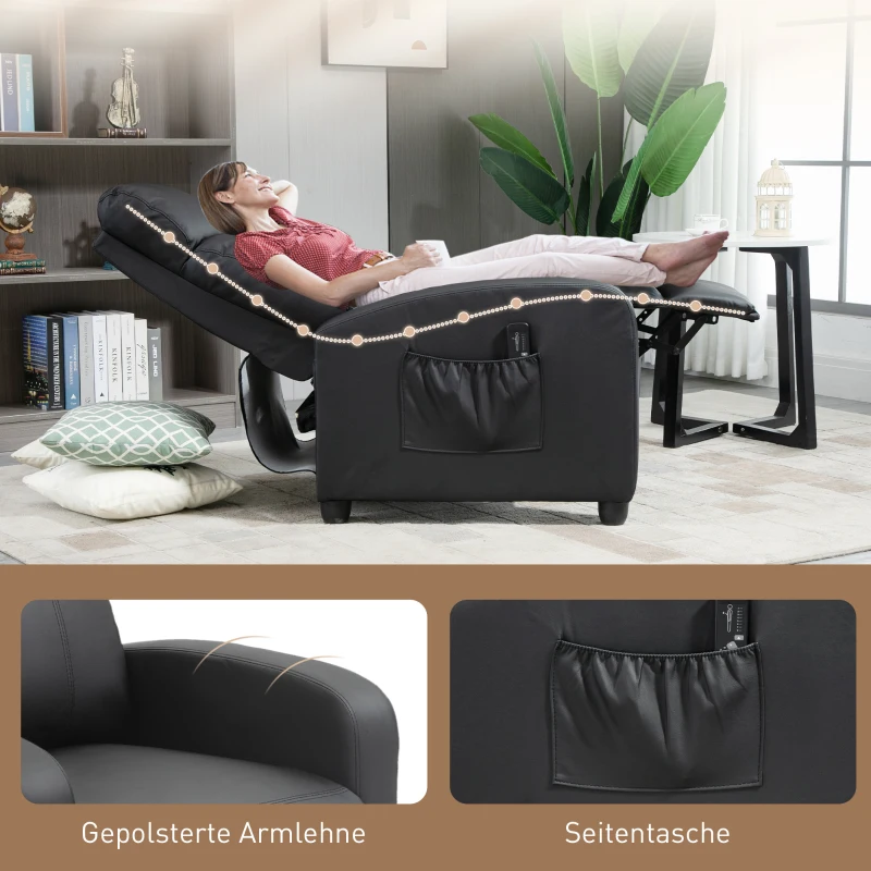 HOMCOM Relaxsessel Fernsehsessel mit Vibrationsmassage, Massagesessel mit Liegefunktion, 2 Massagepunkte, TV Sessel mit Fernbedienung, Seitentasche, Kunstleder für Wohnzimmer, Schwarz