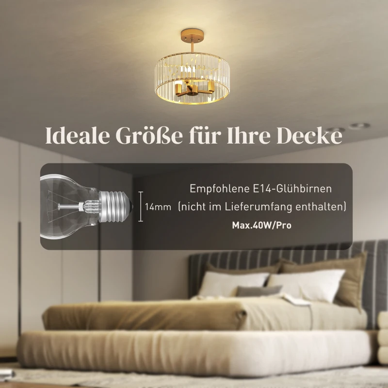 HOMCOM Plafondlamp, Kronleuchter-Design, Kristallen kap, 3 lampen, Metaal, Goudkleurig(m-5)