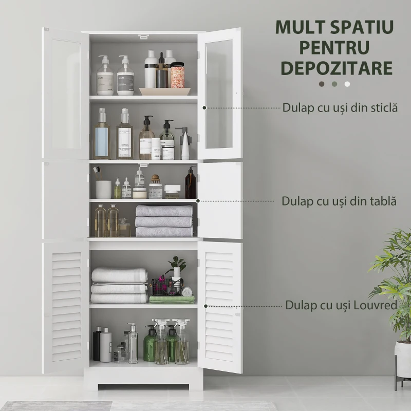 HOMCOM Dulap pentru Baie cu 3 Uși Duble din Lemn 60x30x170.5 cm, Alb