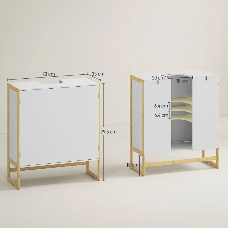 HOMCOM Mobile Sottolavabo Bagno con 2 Ante a Pressione in Bambù e MDF con Intaglio a U, 70x33x79.5cm, Bianco