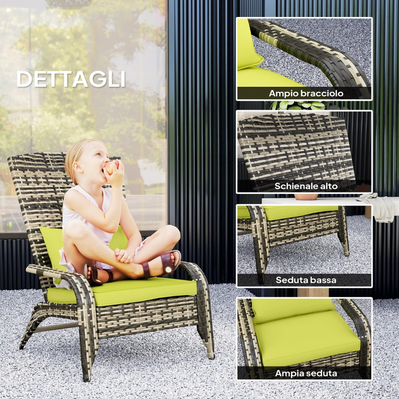 Outsunny Sedia da Giardino Adironrack con Braccioli e Cuscini, Sedia in Rattan e Acciaio per Interni ed Esterni, 64x80x90 cm, Verde