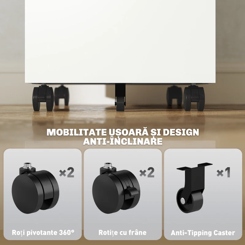 Vinsetto Dulap cu Sertare pentru Birou cu 5 Roți, 3 Sertare cu Încuietoare și Chei, 30x43.5x60 cm, Alb