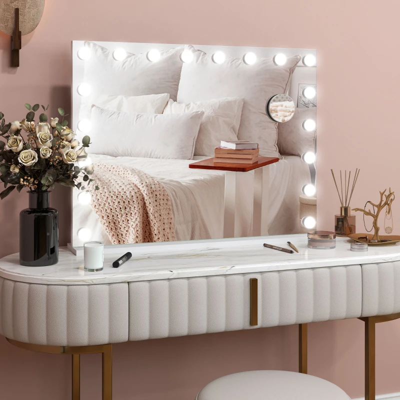 HOMCOM Hollywood Vanity Mirror with Lights, Large 80x62 cm Lighted Makeup Mirror with 3 Colour, 18 LED Bulbs, 10X Magnifying, USB Charging Port, Touch Screen, Tabletop or Wall Mounted Design, White