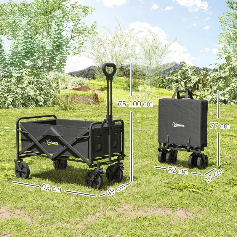 Outsunny Folding Steel Frame Garden Storage Cart, with Wheels and Handle - Black