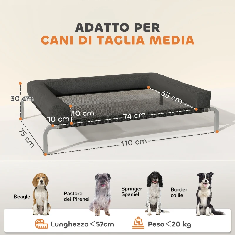 PawHut Lettino per Cani Rialzato di 19.5 cm con Cuscino a U, in Poliestere e Acciaio, 110x75x30 cm, Nero e Argento