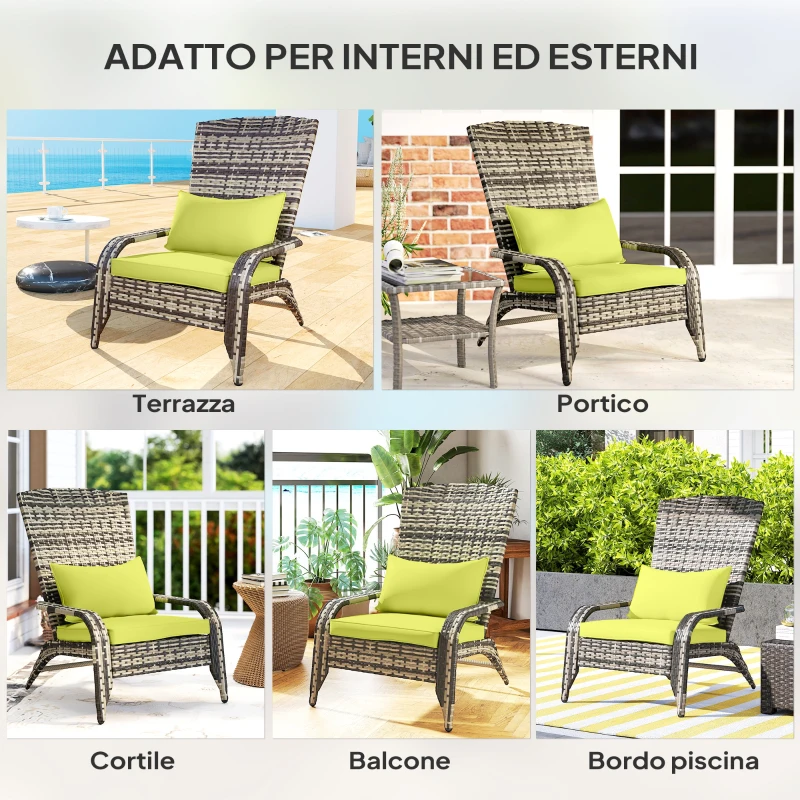 Outsunny Sedia da Giardino Adironrack con Braccioli e Cuscini, Sedia in Rattan e Acciaio per Interni ed Esterni, 64x80x90 cm, Verde