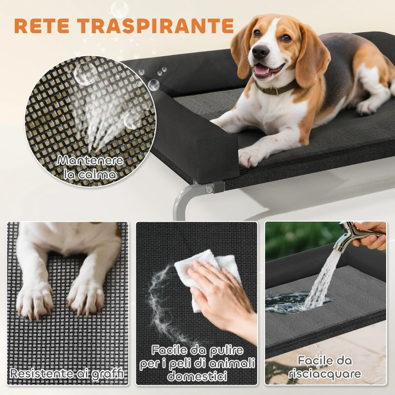 PawHut Lettino per Cani Rialzato di 19.5 cm con Cuscino a U, in Poliestere e Acciaio, 110x75x30 cm, Nero e Argento
