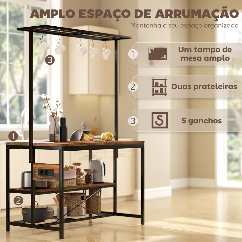 HOMCOM Estante de Cozinha com Tomada de Corrente Estilo Industrial com Prateleiras Ganchos Móvel Auxiliar 116x70x182 cm Marrom Rústico
