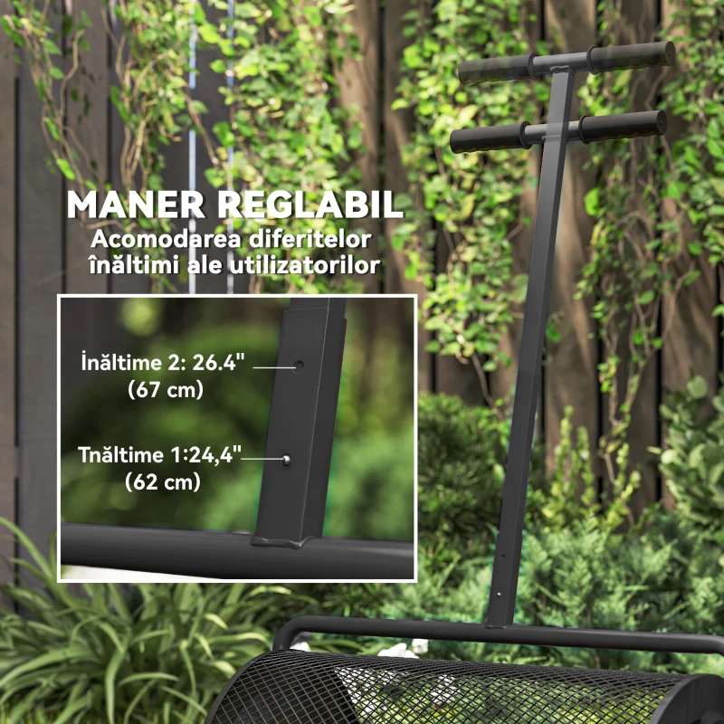 Outsunny Răspânditor Compost de 75L cu Mâner Reglabil în Formă de T din Metal Negru