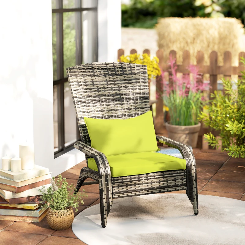 Outsunny Sedia da Giardino Adironrack con Braccioli e Cuscini, Sedia in Rattan e Acciaio per Interni ed Esterni, 64x80x90 cm, Verde
