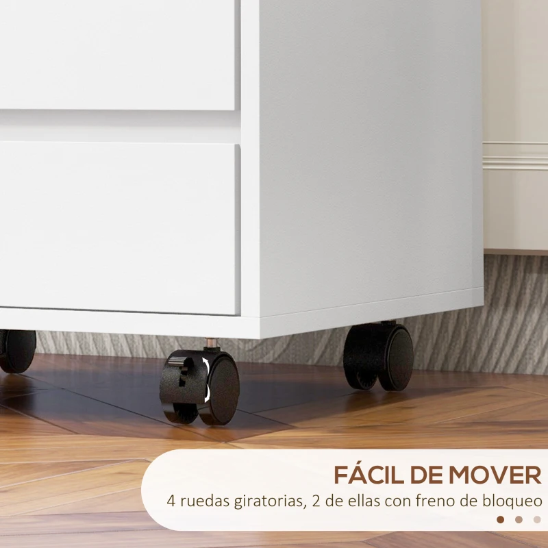 HOMCOM Cajonera de Oficina con 4 Cajones Cajonera de Escritorio con Ruedas para Estudio 46x40x65 cm Blanco