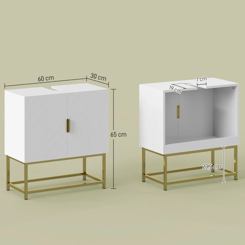 kleankin Meuble sous lavabo meuble de salle de bain avec placard double porte pieds en acier doré 60 x 30 x 65 cm blanc