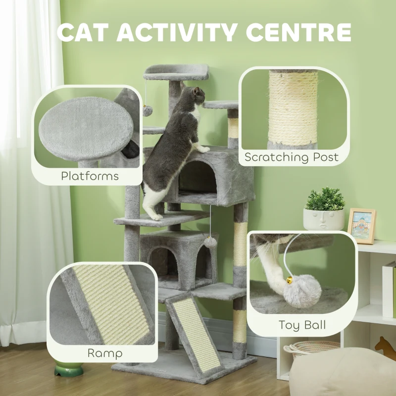 PawHut 138cm Cat Tree, Multi-Level Cat Tower with Scratching Posts and Pad, Bed, Condos, Platforms, Toy Balls, Light Grey