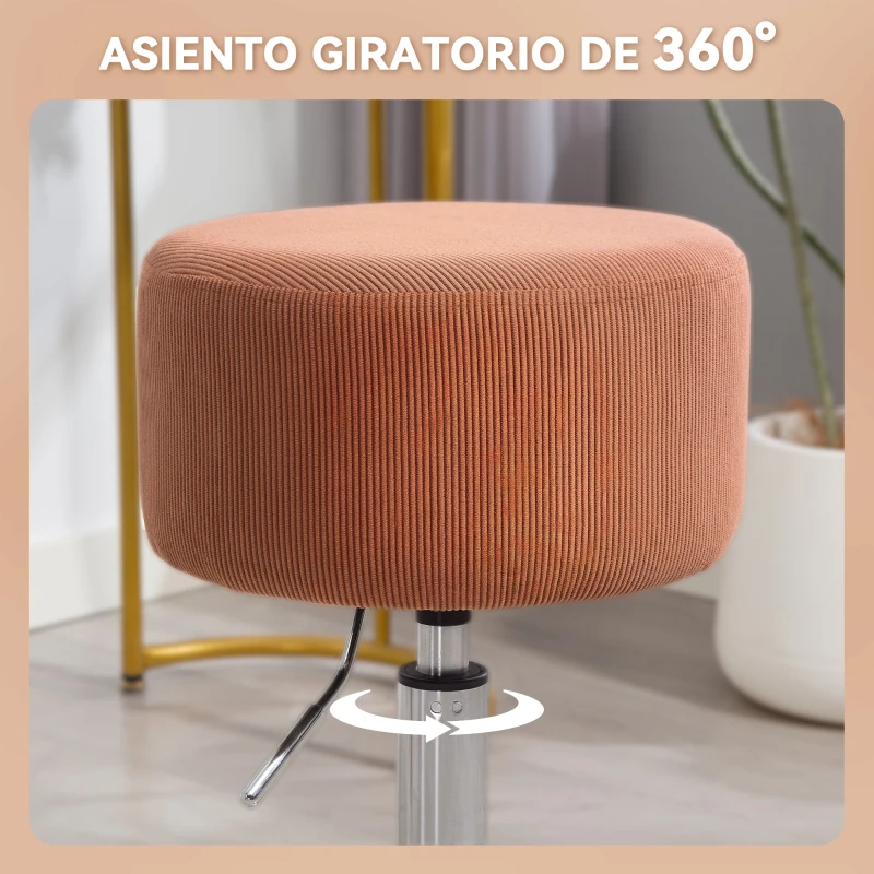 HOMCOM Taburete de Cocina Regulable en Altura 52-66 cm Tapizado en Pana Giratorio en 360° Marrón