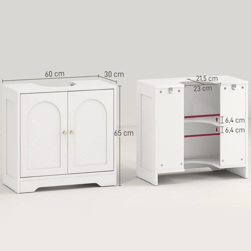 HOMCOM Mueble bajo Lavabo con 2 Puertas con Diseño de Arco Estante Ajustable Tiradores Dorados 60x30x65 cm Blanco