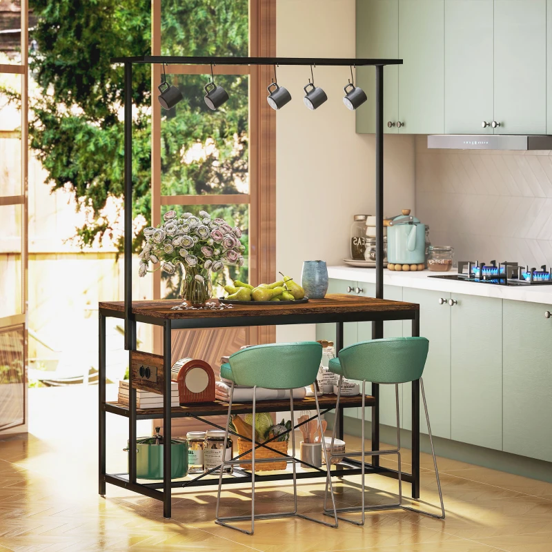 HOMCOM Estante de Cozinha com Tomada de Corrente Estilo Industrial com Prateleiras Ganchos Móvel Auxiliar 116x70x182 cm Marrom Rústico