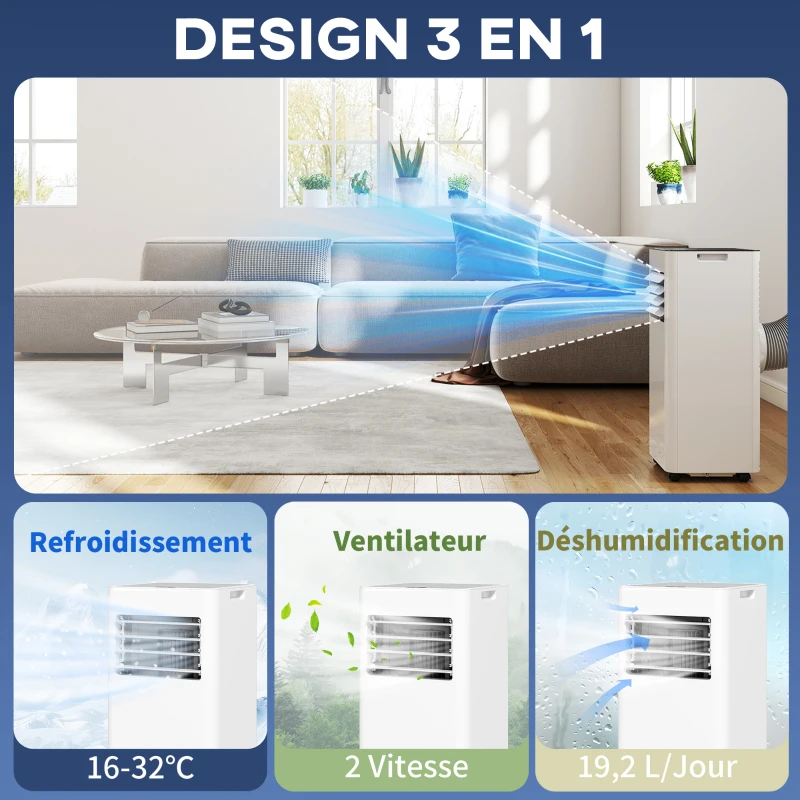 HOMCOM Climatiseur mobile 7000 BTU/H 4 en 1 refroidissement, ventilateur, déshumidificateur minuterie 24H et télécommande, blanc