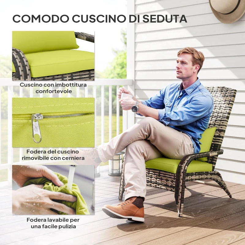 Outsunny Sedia da Giardino Adironrack con Braccioli e Cuscini, Sedia in Rattan e Acciaio per Interni ed Esterni, 64x80x90 cm, Verde