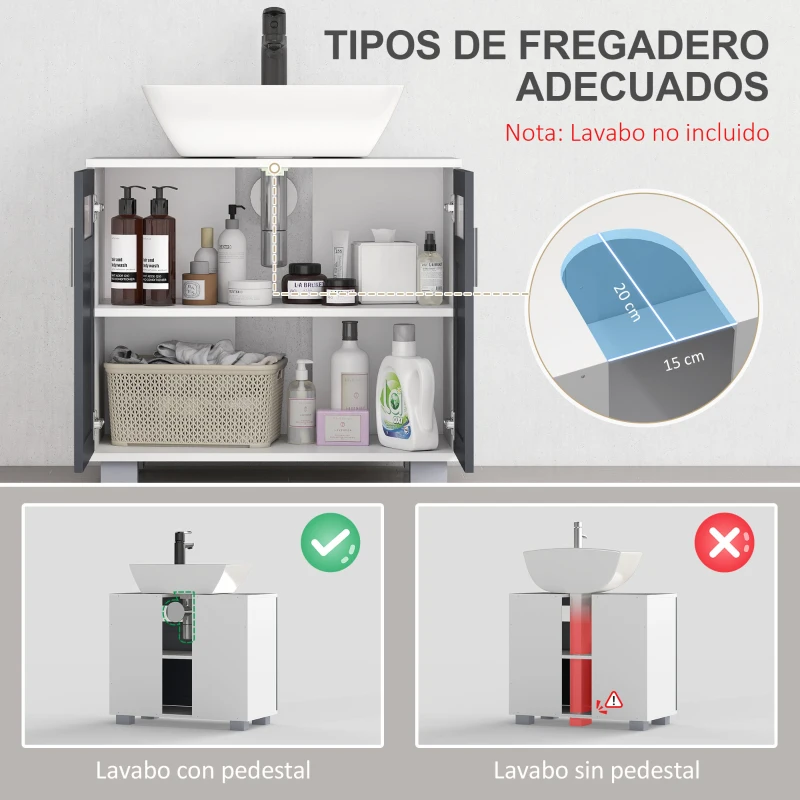 kleankin Mueble para Debajo del Lavabo Armario de Baño Bajo Lavabo con 2 Puertas de Vidrio Templado 69x35x59 cm Blanco y Gris