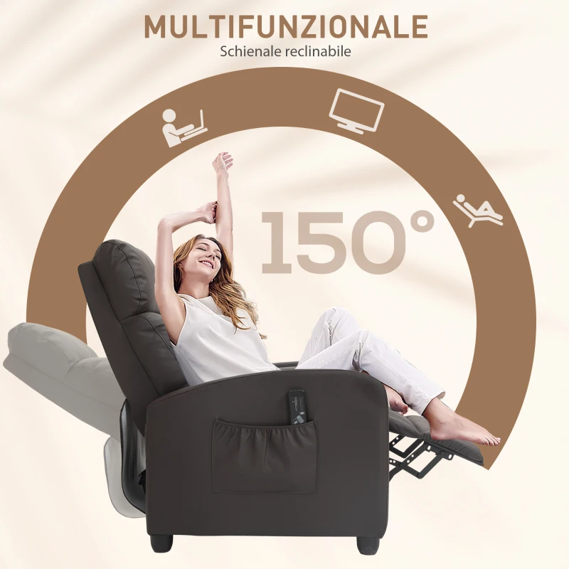 HOMCOM Poltrona Relax Massaggiante con Telecomando e 8 Programmi, Reclinazione e Poggiapiedi, 68x88x98cm, Marrone