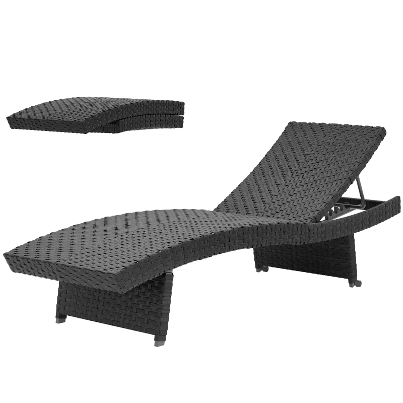 Outsunny Outdoor PE Rattan Sun Lounger, Folding Wicker Garden Lounger Recliner with 4-Level Adjustable Backrest, Rolling Sunbed Lounge Chair with Wheels, Non-Slip Legs for Balcony, Beach, Black