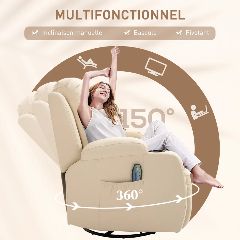 HOMCOM Fauteuil de Massage et Relaxation électrique Chauffant 360° pivotant inclinable manuellement Repose-Pied télécommande(m-5)
