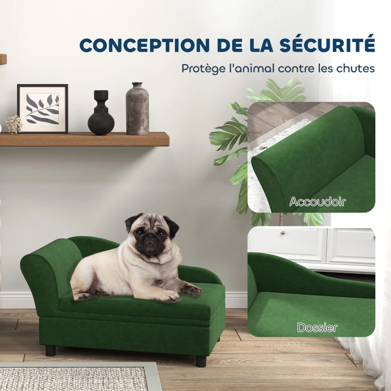 PawHut Canapé chien chat sur pied avec coffre de rangement style moderne coussin d'assise amovible 76 x 45 x 43 cm vert
