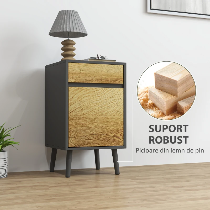 HOMCOM Noptieră Modernă cu Sertar și Dulăpior fără Mânere Gri Închis
