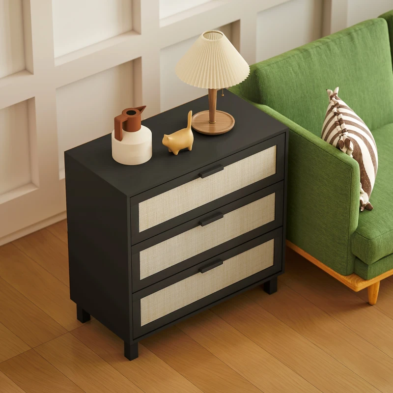 HOMCOM Rattan Bedroom Chest of Drawers, 3 Drawers Storage Unit, Boho Dresser for Living Room, Hallway, Black