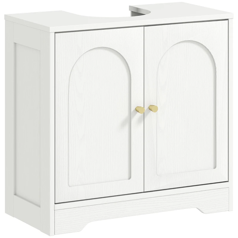 HOMCOM Mueble bajo Lavabo con 2 Puertas con Diseño de Arco Estante Ajustable Tiradores Dorados 60x30x65 cm Blanco