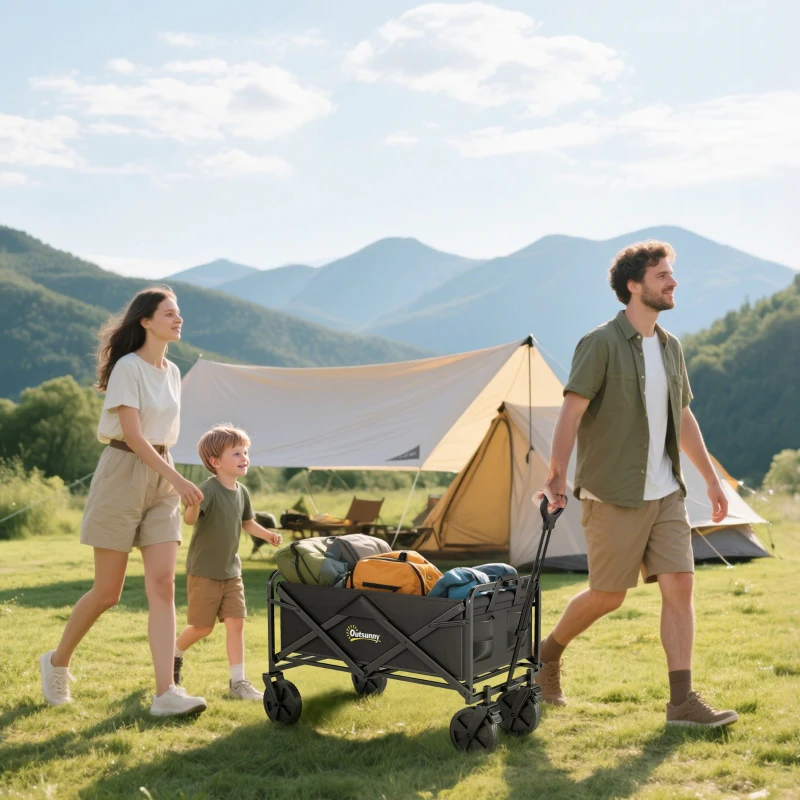 Outsunny Folding Steel Frame Garden Storage Cart, with Wheels and Handle - Black